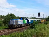 Am 23.8.13 war eine Vossloh G1700BB auf der KBS780 unterwegs. 
Die schleppte einen langen Bauzug nach Veitshöchheim.
Aufgenommen bei Lauffen am Neckar. 