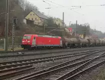 185 403-3  Green Cargo  zieht am 21. Februar 2014 einen gemischten Güterzug aus Kronach in Richtung Lichtenfels heraus.