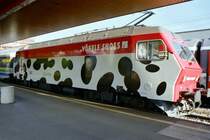 Eine Re 456 mit der Werbeaufschrift  V�gele Shoes  zieht am 10.5.03 einen Voralpen-Express. Arth-Goldau