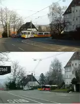 Der Botnanger Sattel einst und jetzt: Oben erreicht ein Zug der Linie 4 an einem Februartag Anfang der 1990er Jahre die gleichnamige Haltestelle, unten kommt am 02.04.2013 die  Gummieisenbahn  dort an