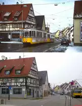 Mit der Einstellung der Linie 15 am 08.12.2007 endete der meterspurige Straßenbahnbetrieb in Stuttgart. Oben hat eine GT4-Doppeltraktion am 10.02.1991 Jahre gerade die Schleife Stammheim verlassen, unten die Situation am 30.03.2013, ganz rechts ist die Stadtbahnendstelle erkennbar.