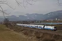 1116 251 (Skiaustria) als RJ650 auf der Fahrt zwischen dem Bahnhof Marein-St.Lorenzen und der Haltestelle Allerheiligen-Mürzhofen am 27.02.2014.