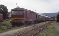 751010 mit Zug 9212 nach Cercany im Bahnhof Zruc nad Sazavou am 6.7.1992 um 11.15 Uhr.