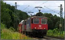 Europa wächst zusammen.Hier zwei Schweizer Damen mit einen Autotransportzug am Haken entlang der deutsch-niederländischen Grenze bei Rimburg (Übach Palenberg) auf der KBS 485 im Juni 2013.