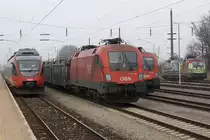 Triebfahrzeugparade am 08.M�rz 2014 im Bf. Ebenfurth. Von links nach rechts: �BB 4124 037-5, �BB 1116 134-8, �BB 1116 073-x und GySEV 470 505-x.