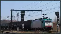 Frühlingswetter in Montzen Gare (Belgien) ,am 08.März 2014.Eine belgische Cobra (E-186) mit einen Kesselwagenzug im Schlepptau auf den Weg nach Antwerpen.
