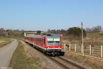 628 567 und 628 566 am 11.03.2014 bei Kleinberghofen (Strecke Dachau ဓ Altomünster).