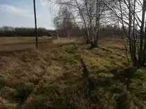 Nur noch durch die Anhöhungen des Grases sichtbar das alte Anschlussgleis nach Pfeifer & Langen Grevenbroich. Dieses Anschlussgleis wurde mit Straßenlaternen beleuchtet welche heute rostig und außer Betrieb sind. Ein Stück einer Laterne ist der Mast im Bild. Feldwege nahe Gewerbegebiet Ost Grevenbroich am 08.03.2014