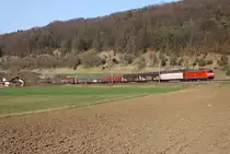 Die 185 168-2 mit einem geschlossenen Ganzzug bei Dollnstein Richtung Treuchtlingen am 12.03.2014