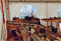 Modellbahn-Ausstellung des MEC Wismar anl��lich der landesgartenschau 2002 in Wismar
Einfahrt des Dampflok bespannten Containerzuges