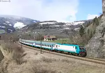 E.464 500 passes Vipiteno whilst working Regionale train2261, 1308 Brennero-Bologna Centrale, 24 MArch 2014.