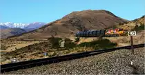 Güterverkehr auf der Alpenbahn Neuseelands - Die Strecke Christchurch -
Greymouth (von Personenzügen nur 1 x täglich vomTranzAlpine befahren)
wird hauptsächlich durch Kohlenzüge dominiert. Die Aufnahme
entstand bei Cass, nahe des Arthur's Pass National Park. 26.3.2014