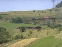 WTB 1990er Jahre.W�hrend sich der untere Zug mit der 93 1360 kurz vor dem Hp.Epfenhofen befindet,f�hrt der obere Zug mit der 93 1394 gerade �ber den Biesenbach Viadukt.(Archiv P.Walter)