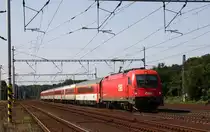 Mit einer CD Intercity Garnitur braust ÖBB Taurus 1216.235 am 21.8.2011 durch Zabori nad Labem in Richtung Pardubitz.
