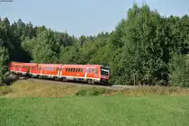 612 595 und zwei weitere 612er auf der Fahrt als RE 3697 von Hof Hbf nach Regensburg Hbf bei Oberteich, 07.09.2013