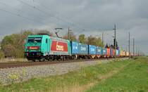 185 612 fuhr am 10.04.14 mit einem Containerzug von Hamburg-Waltershof nach Bad Schandau durch Braschwitz gen Halle(S).