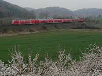RE 19209 von Neckarelz nach Ulm f�hrt am 05.04.2014 zwischen Urspring und Lonsee an bl�henden Schlehenb�schen und dem in Bezug auf das Wetter entt�uschten Fotografen vorbei.