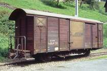 RhB - Gb 5816 am 28.08.1996 in Berg�n - Gedeckter G�terwagen 2-achsig mit 1 offenen Plattform - Baujahr 1967 - SIG - Gewicht 7,35t - Zuladung 15,00t - L�P 8,50m - zul�ssige Geschwindigkeit Aufkleber 70 km/h - Lebenslauf: ex K� 5816 - 1969 Gb 5816 - 10/1996 Abbruch. Hinweis: gescanntes Dia
