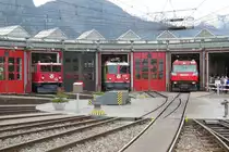 125 Jahre Rhätische Bahn.Tag der offenen Tür in Landquart.Blick auf den Rundschuppen mit v.l.Ge6/6 II 704,Ge4/4 II 630,Ge4/4 III 646.
Landquart.10.05.14