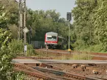 Nachschuss im Abendlicht auf den RB38 in Richtung Neuss. Eben hat er den Bahnübergang Blumenstraße überquert und ist nun auf den Weg nach Düsseldorf HBF über Neuss. Grevenbroich 09.05.2014