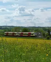 Eine Doppeleinheit von HZL Triebwagen ist am 16.5.14 als Zug 88334 auf der Zollernalbbahn (KBS 766) unterwegs.
Der Zug fährt auf dem Bild dem Bahnhof Engstglatt entgegen. Ob er da wohl halten musste? Schließlich ist der Bahnhof Engstglatt lediglich ein Bedarfshalt.