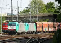 Zwei Cobra 2804 und 2810 kommen mit einem langen Kalkzug aus Yves-Gomezée(B) nach Millingen und fahren in Aachen-West ein. 
Aufgenommen vom Bahnsteig in Aachen-West bei schönem Sonnenschein am Nachmittag vom 4.5.2014. 