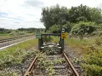 Der Prellbock des Anschlussgleises welches laut Internet von RWE zum Trafotransport benutzt wird oder wurde.
Paffendorf 30.05.2014