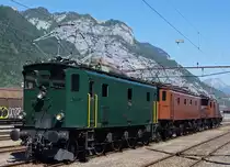 SBB HISTORIC: Ae 3/5 10217 (1924), Be 4/7 12504 (1922) und Ce 6/8 ll 14253 (1919) in Erstfeld am 7. Juni 2014 anlässlich der Fitnessfahrten.
Foto: Walter Ruetsch