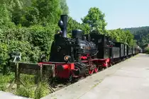 Kuckucksbähnel - Zug D5, gezogen von der Schlepptenderlok  Speyerbach , trifft hier an seinem Ziel  Elmstein  ein.

Elmstein, der 08.06.2014