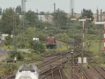 Die Front der 212 370-1 durch die etlichen Drähte der Oberleitungen gesehen.
Abgelichtet von der Fesser Straße über den Güterbahnhof.
Neuss 19.06.2014