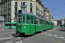 Be 4/6 645 zusammen mit dem Be 4/4 653 auf der Linie 2 kurz vor dem Bahnhof SBB. Die Aufnahme stammt vom 10.06.2014.