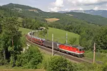 1144.109 mit Wappen+1116.182 Cobra mit Auto-GAG-46741 beim verlassen des Steinbauer-Tunnels mit der Rax im Hintergrund am Eichberg. 28.6.14