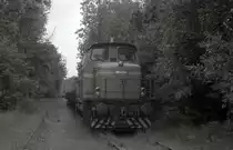 Im Sommer 1986 wurde die alte Hüggelbahn, die einst vom Abzweig Patkenhof bis zum Endpunkt am Rothenberg in Hasbergen führte, abgebaut. Die Georgsmarienhütten Eisenbahn setzte dabei ihren alten Schienenkran und Deutz Lok 2 ein. Hier steht der Abbauzug in Höhe des ehemaligen Tagebau Kielmannsegge.