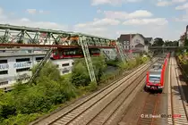 Wuppertaler Schwebebahn Gtw 18  Bayer 04 Leverkusen  und gleichzeitig fuhr auf dem Eisenbahngleis die S8 in Richtung Wuppertal Hbf am 02.07.2014 in Wuppertal Barmen.