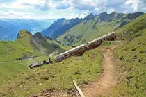 BRB-Dampfzug 3. Generation fährt talwärts und überquert den Wanderweg in der Morgenweid. Im Hintergrund links der Dirrengrind, Brienzersee und rechts der Brienzer Rücken mit dem Tannhorn. Aufnahme vom 17. Juli 2014, 15:49