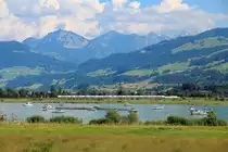 SBB Triebzüge DTZ RABe 514 in doppelter Ausführung sind unterwegs zwischen Pfäffikon SZ und Rapperswil-Jona SG. Aufnahme von der grössten Insel der Schweiz aus: der Ufenau, 16. Juli 2014, 16:57
