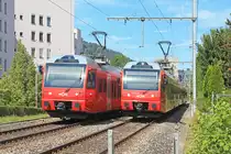 SZU-Triebzüge Be 510 als S10 gleich in zweifacher Ausführung: da meist einspurige Strecke, kreuzen sich Züge u.a. zwischen den Stationen Binz und Friesenberg. Zug links fährt bergwärts, Zug rechts rast gleich an unserer Schranke vorbei Richtung Zürich HB, 06. Juli 2014, 11:07