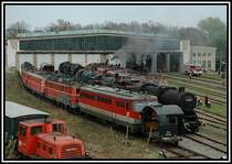 Blick auf das Heizhausgel�nde Eisenbahnmuseum Strasshof. Die meisten der Lokomotiven sind nicht betriebsbereit. Im Vordergrund ist das F�hrerhaus der 52.100 zu sehen, die im Herbst 2006 ihren ersten Sonderzug bespannen sollte. Die Aufarbeitung hat allerdings l�nger gedauert, so dass ihre erste Fahrt erst 2007 stattfinden wird. Das besondere an der Maschine ist ihr wehrmachtsgrauer Anstrich, den sie auch wieder erhalten hat.