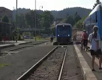 Zugkreuzung in Jablonec nad Nisou. IDOL 16214 gebildet durch den TW 840 003-8 aus Korenov kreuzt IDOL 16211  nach Harrachow, zahlreiche Radfahrer steigen ein.
01.08.2014 08:58 Uhr