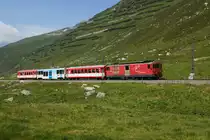 Deh 4/4 II 91 befindet sich am 19.07.2014 zwischen Nätschen und Oberalppass.