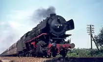 Im Sommer 1974 war der Güterverkehr auf der Emslandstrecke noch weitgehend in der Hand der Baureihe 043, hier ist 043 737-6 am 31.08.1974 mit einem Erzzug kurz vor Rheine unterwegs