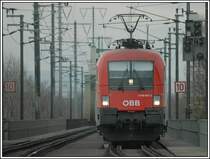 Als Vergleich zu meinem, heute am Vormittag freigeschaltenen Bild, diesmal mit 300 mm Brennweite aufgenommen. 1116 077 mit dem EC 104  Sobieski  von Wien-S�d nach Warszawa Wschodnia am 9.12.2006 bei der Querung der Donau, aufgenommen in der Wiener Lobau.