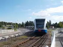 Einfahrt für die UBB,am 24.August 2014,in die Station Wolgast Fähre.