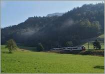 Der Travys (PBr) Regionalzug 4215 erreicht nach der langen Rampenfahrt beim nördlichen Ende des Lac de Brenet die Hochebne des Vallée de Joux.
5. Sept. 2014