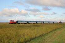 SCHÖMA 399 108-0 erreicht am frühen Morgen des 01.09.2014 in wenigen Minuten den Bahnhof Wangerooge.