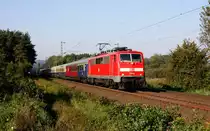 111194 mit Sonderzug der AKE nach Binz.
Am 17.9.2014 kam 111194 zu Fernzugehren. Sie zog den DPE 98 von Koblenz nach Binz,
hier ist sie um 9.28 Uhr in der Bauernschaft Lengerich - Schollbruch auf der Rollbahn gen Norden unterwegs. Als erster Wagen hinter der Lok der bekannte Halbspeisewagen  Kakadu ! Dahinter folgten zwei Wagen der Centralbahn und dahinter wiederum, leider im Schatten der Bäume, eine Rheingoldgarnitur incl. Domecar.