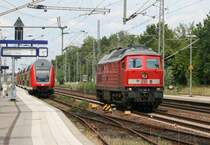 RE 38235 (Wismar–Ludwigsfelde) und 232 384 als Tfzf (C) 64654 (Seddin–Trebbin) am 26.07.2010 in Ludwigsfelde