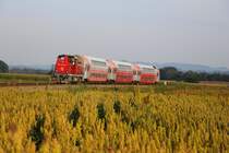 Hirse hat erst in den letzten Jahren in unseren Regionen Einzug gehalten. Doch das wahre Gold des Getreides kommt erst im Spätherbst zur Geltung wenn es sich Braun färbt. R8567 verkehrt in den letzten Tagen als reinrassige dreiteilige Dosto Garnitur ohne Kunstwagen und ohne Neulackvariante im Zugverband. Hier kurz vor St. Martin im Sulmtal Bergla schiebt DH 1500.6 , eine der schwersten Ihrer Art mit 68 Tonne Dienstgewicht ihren Zug gen Wies. 19.September 2014  