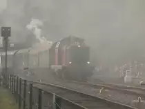 Durch dichtem Rauch einer Dampflok kommt die 212 007-9 mit dem Pendel Sonderzug Bochum Dahlhausen S-Bahn - Bochum Dahlhausen. Am Zugschluss hängt auch hier eine kleine Schublok dran um den Zug wieder ins Museum zu ziehen.

Bochum Dahlhausen 20.09.2014