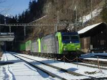 Re 485 005 und 008 mit dem Hangartner-G�terzug am 3.1.2007 bei Blausee-Mitholz